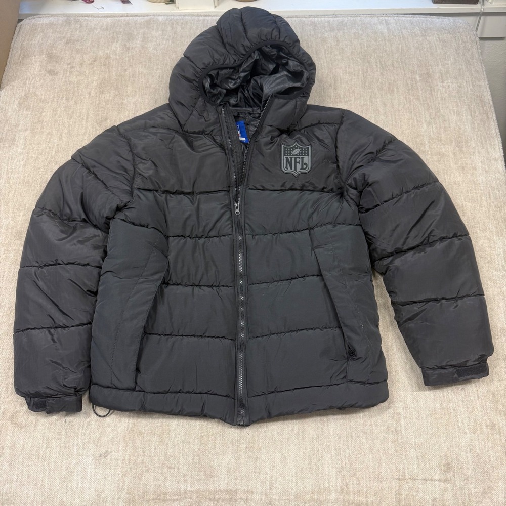 NFL Mens Black Hooded Puffer Jacket‎ Tonal Shield Logo Full Zip Size Large